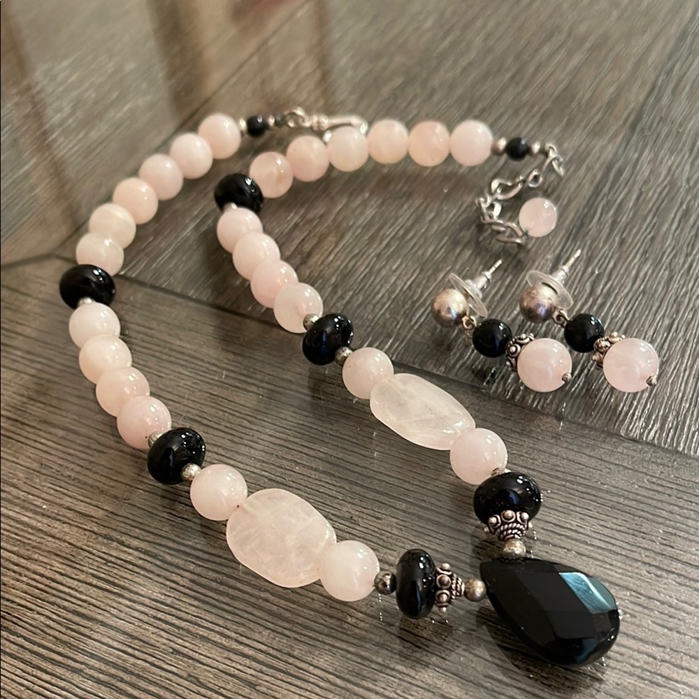 Rose Quartz & Black Necklace with Matching Earrings